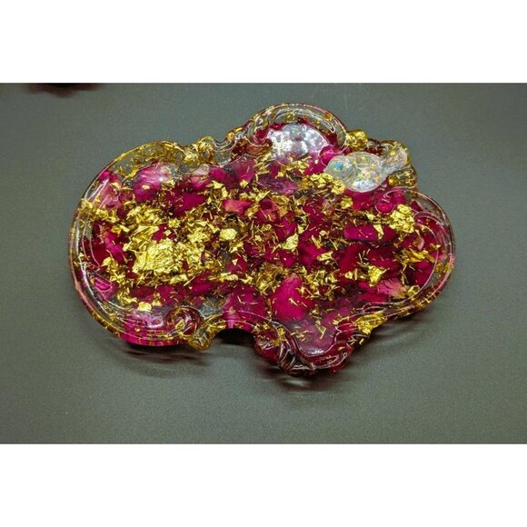 Handcrafted Resin Trinket Tray With Gold Foil Dried Roses & Bird Accent - Picture 3 of 5
